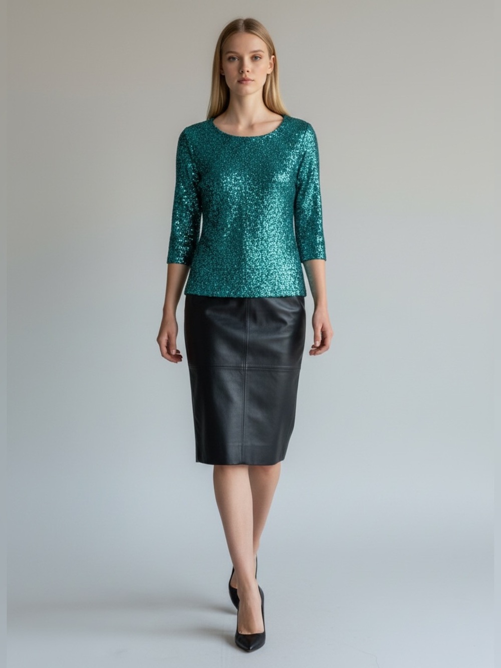 Reitman’s Sparkly Sequin Dressy Top  Scoop Neck 3/4 Bracelet Sleeve Teal XS NEW